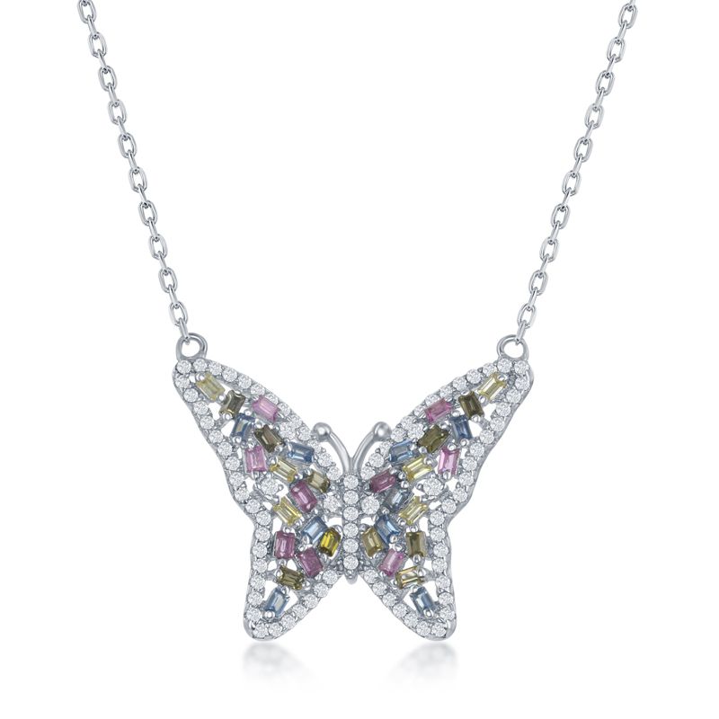 Sterling Silver and Pastel Baguettes Butterfly on Chain - Click Image to Close